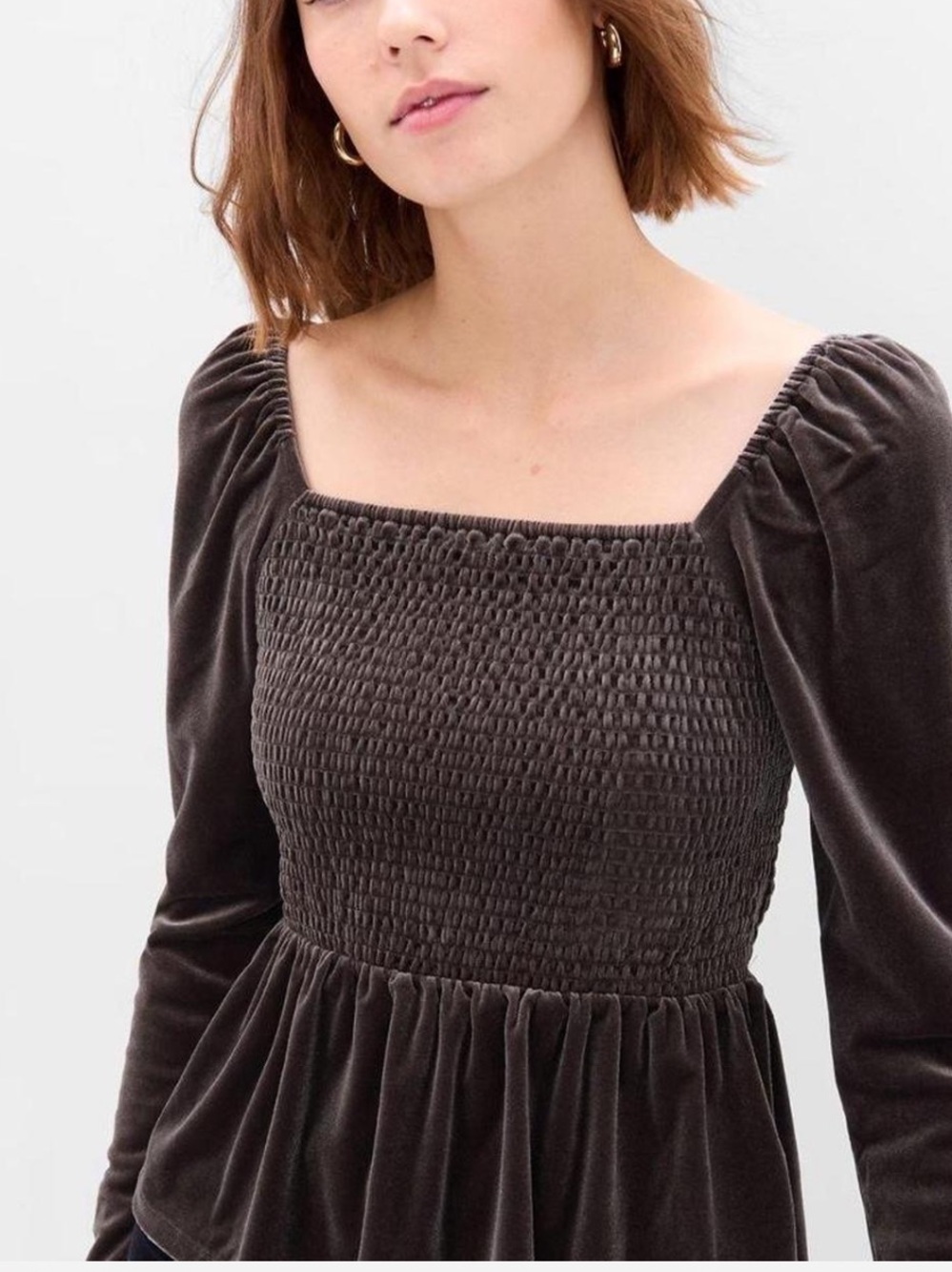 Smocked Velvet Long-Sleeve Dress in Dark Brown